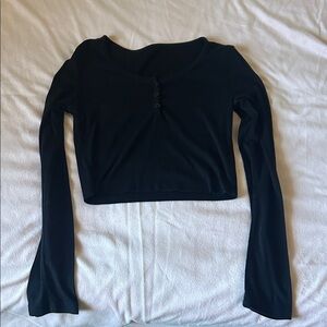 Black Long Sleeve Henley Crop Top